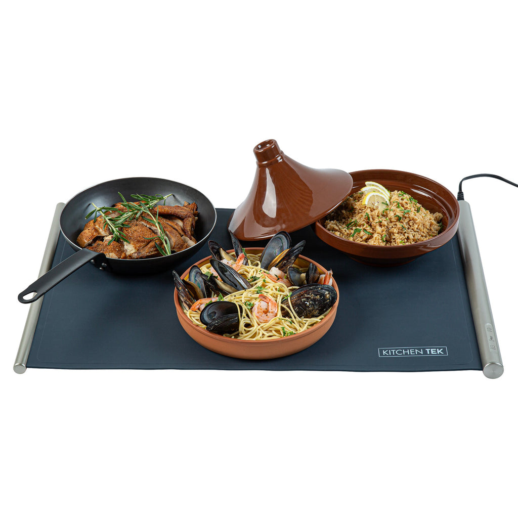Kitchen Tek Dark Blue Silicone Food Warmer Mat - 120V, Adjustable Temperature, Roll Up - 26 1/4" x 16 3/4" x 1" - 1 count box