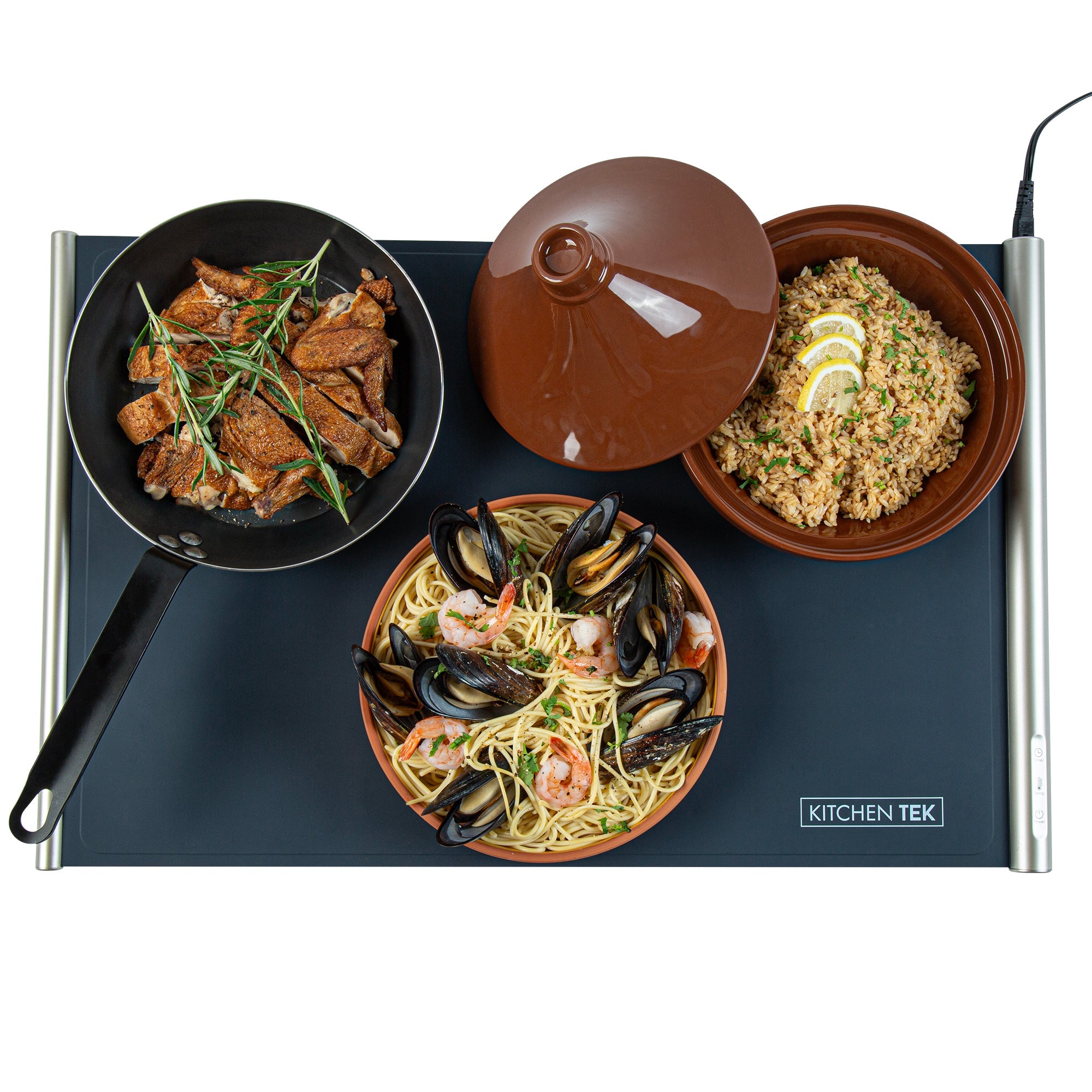 Kitchen Tek Dark Blue Silicone Food Warmer Mat - 120V, Adjustable Temperature, Roll Up - 26 1/4" x 16 3/4" x 1" - 1 count box