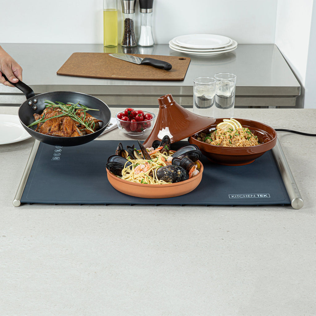 Kitchen Tek Dark Blue Silicone Food Warmer Mat - 120V, Adjustable Temperature, Roll Up - 26 1/4" x 16 3/4" x 1" - 1 count box
