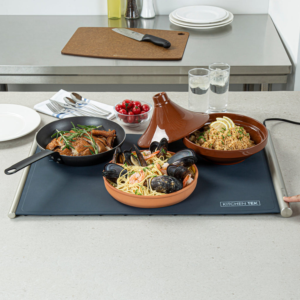 Kitchen Tek Dark Blue Silicone Food Warmer Mat - 120V, Adjustable Temperature, Roll Up - 26 1/4" x 16 3/4" x 1" - 1 count box