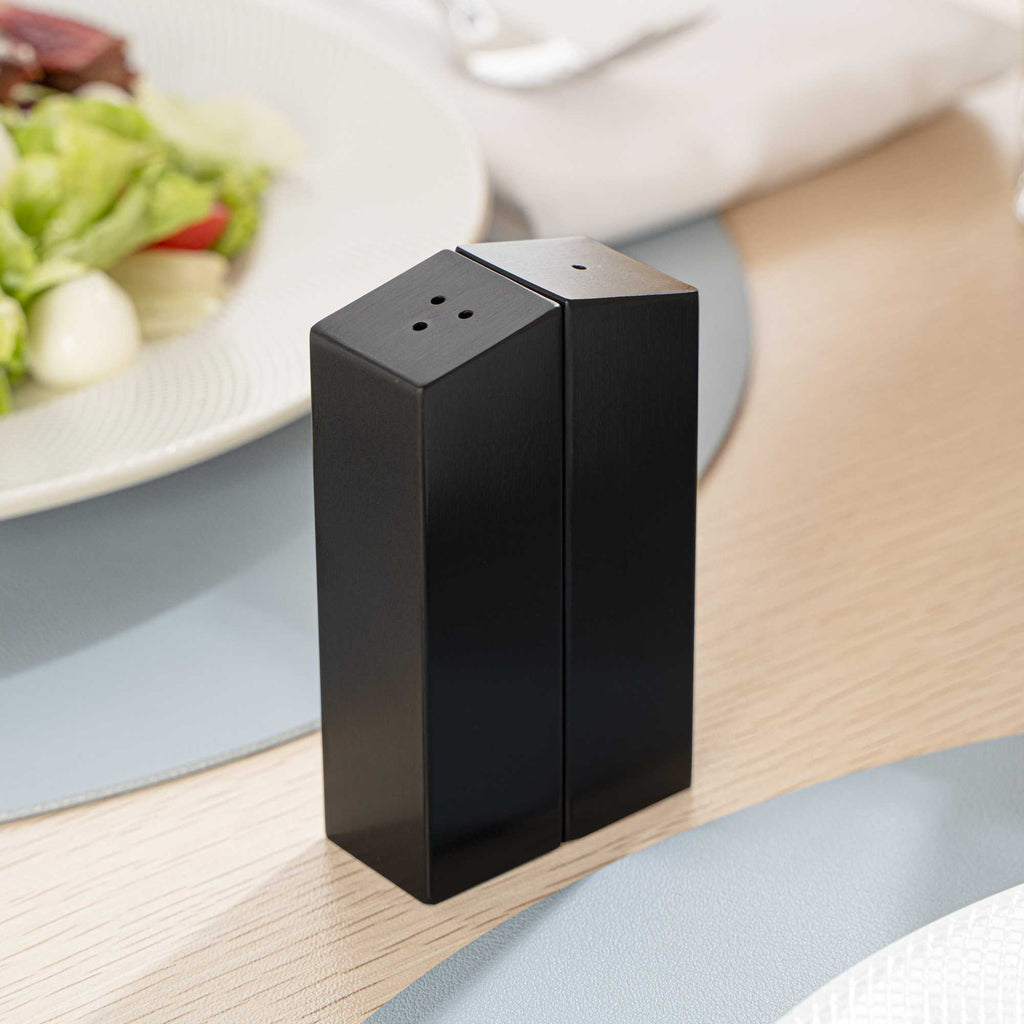 Chef 101 2 oz Black Stainless Steel Rectangular Salt And Pepper Shaker Set - 1" x 1" x 3 1/4" - 1 count box