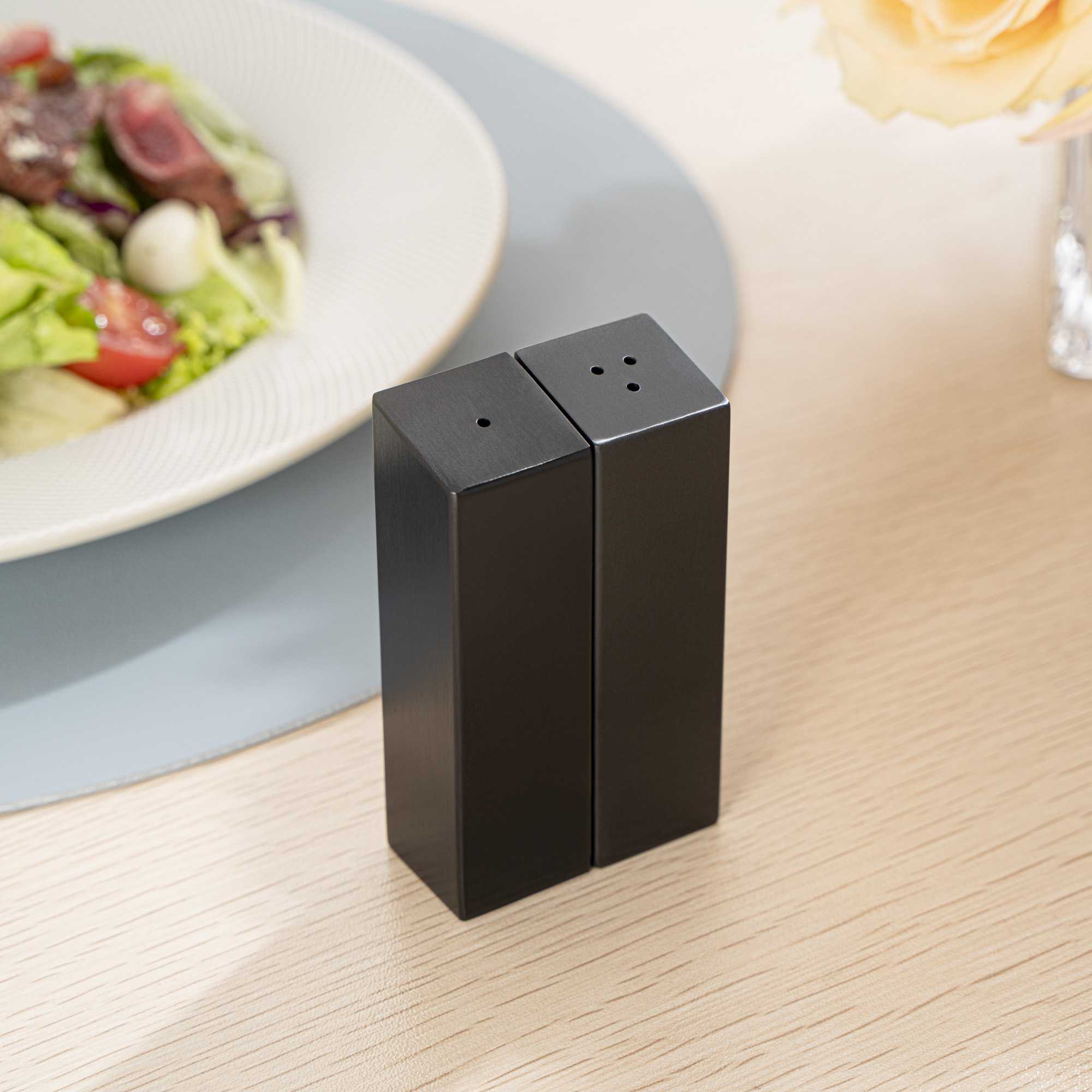 Chef 101 2 oz Black Stainless Steel Rectangular Salt And Pepper Shaker Set - 1" x 1" x 3 1/4" - 1 count box
