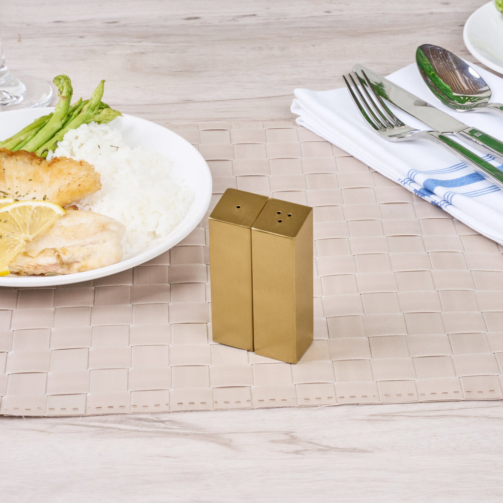 Chef 101 2 oz Gold Stainless Steel Rectangular Salt And Pepper Shaker Set - 1" x 1" x 3 1/4" - 1 count box