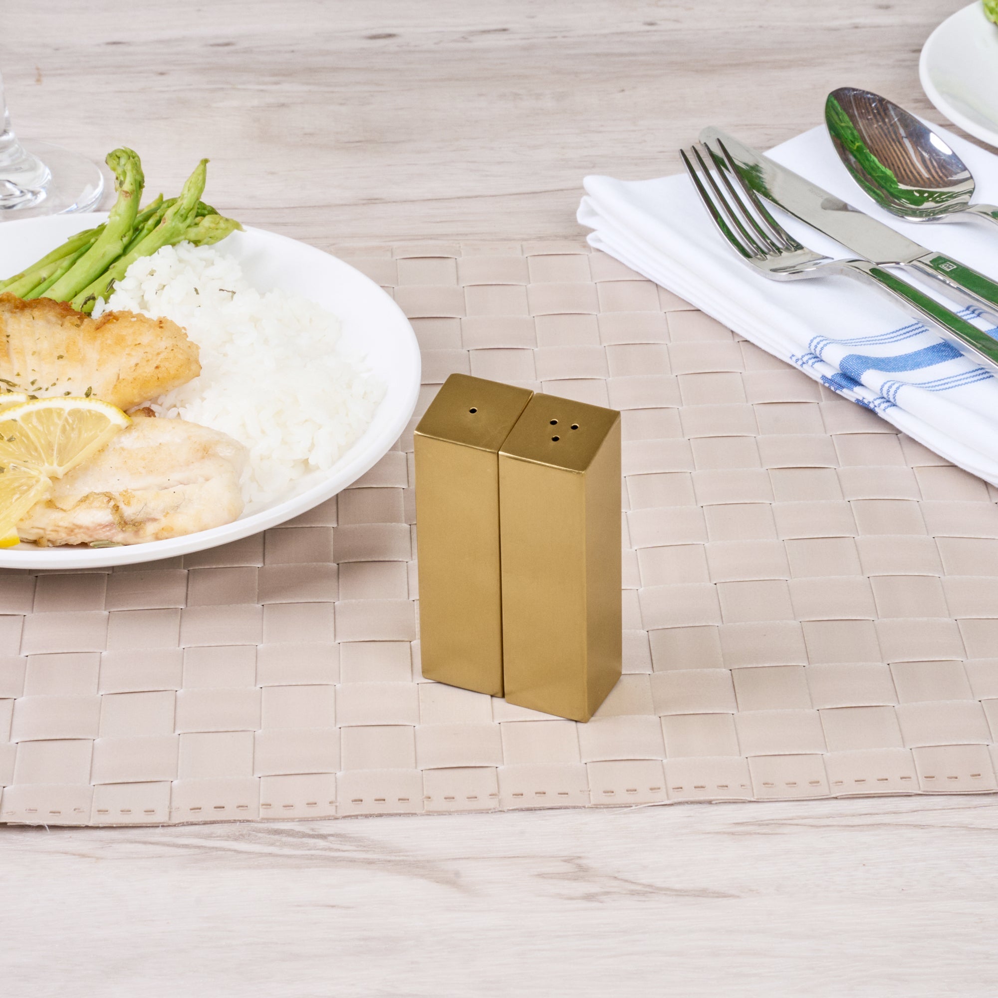 Chef 101 2 oz Gold Stainless Steel Rectangular Salt And Pepper Shaker Set - 1" x 1" x 3 1/4" - 1 count box