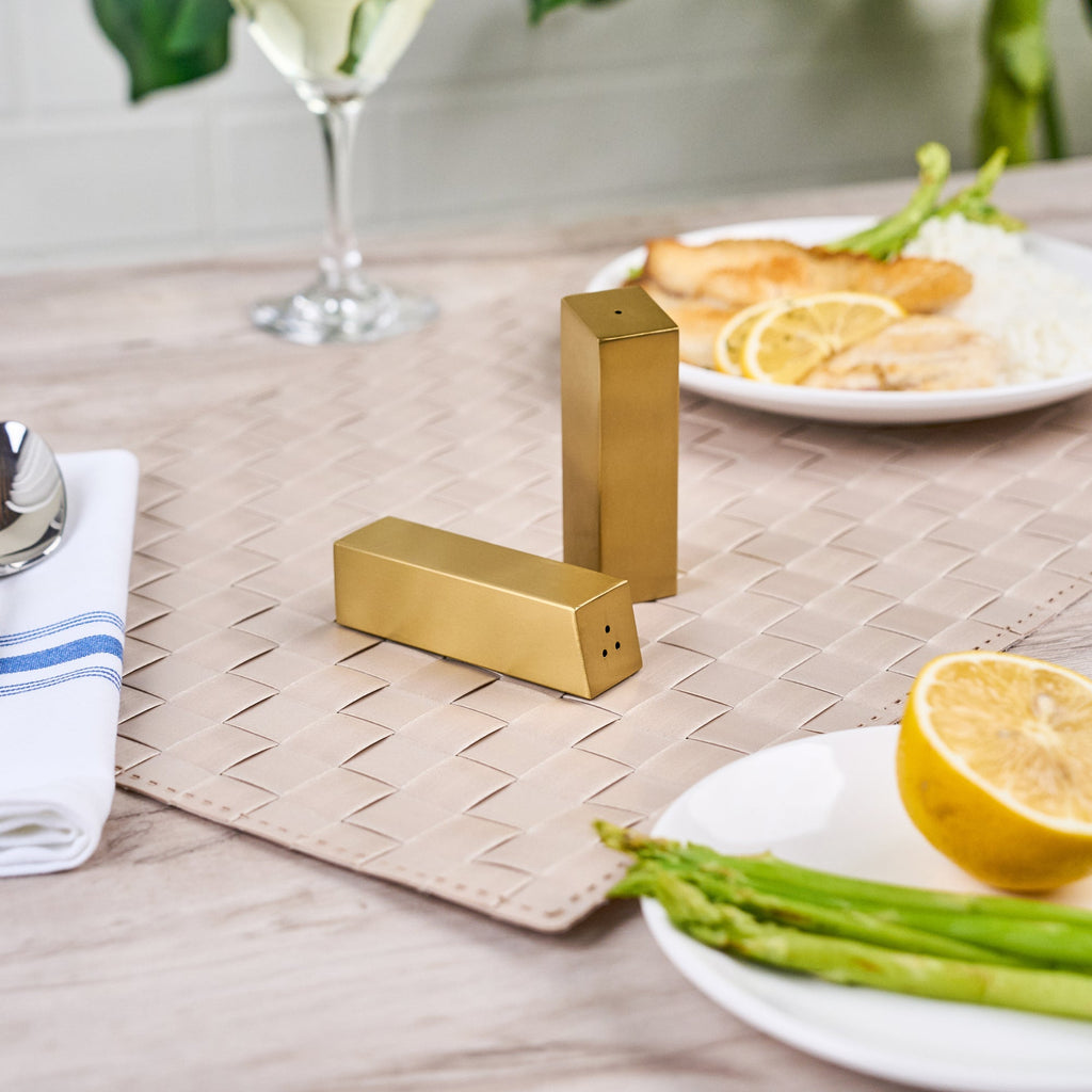 Chef 101 2 oz Gold Stainless Steel Rectangular Salt And Pepper Shaker Set - 1" x 1" x 3 1/4" - 1 count box