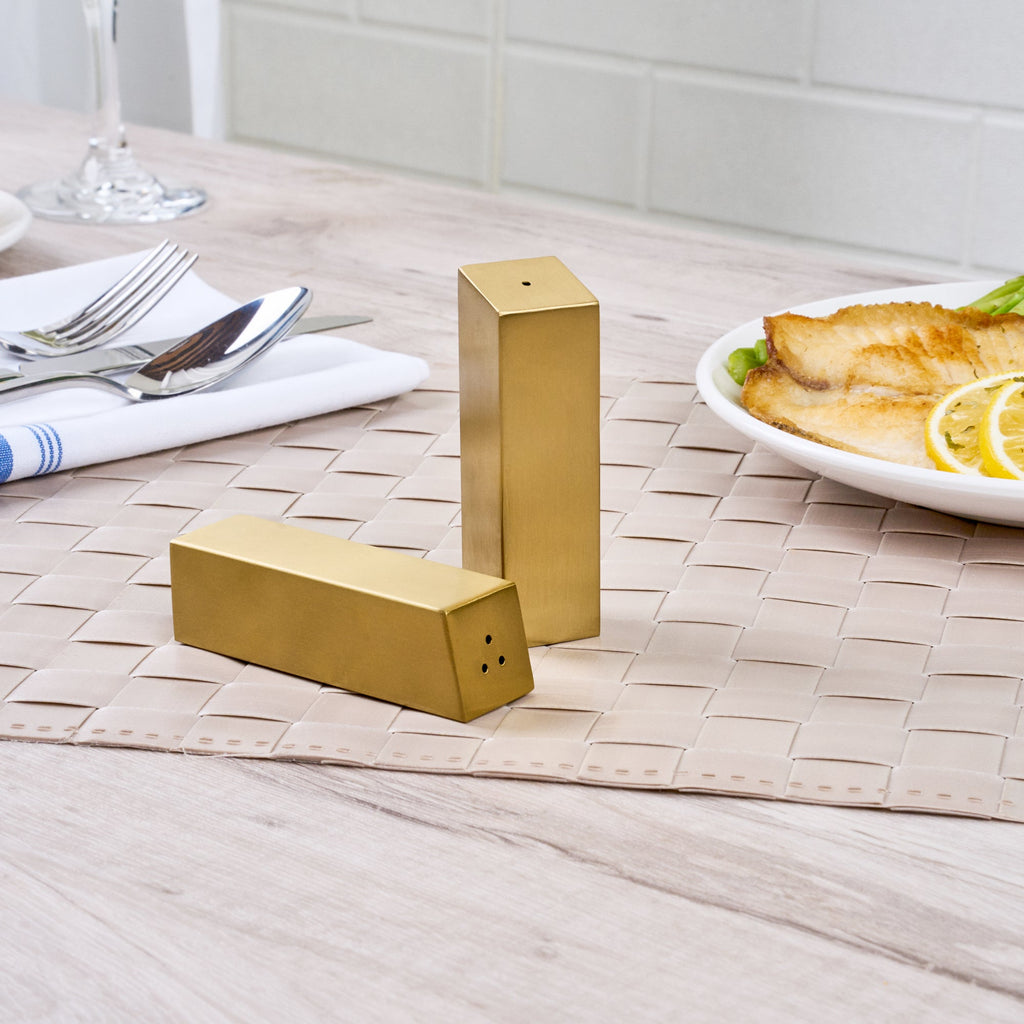 Chef 101 2 oz Gold Stainless Steel Rectangular Salt And Pepper Shaker Set - 1" x 1" x 3 1/4" - 1 count box