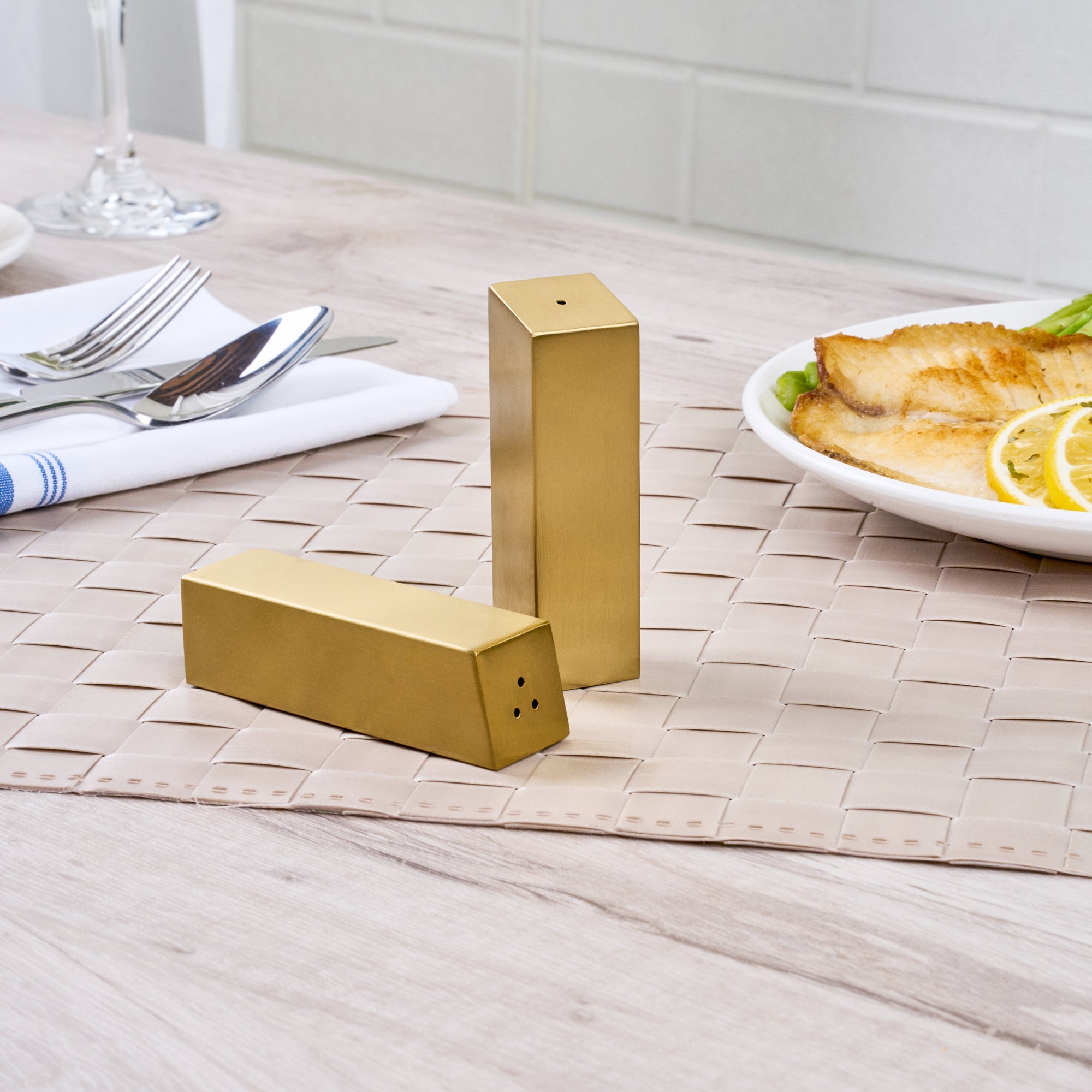 Chef 101 2 oz Gold Stainless Steel Rectangular Salt And Pepper Shaker Set - 1" x 1" x 3 1/4" - 1 count box