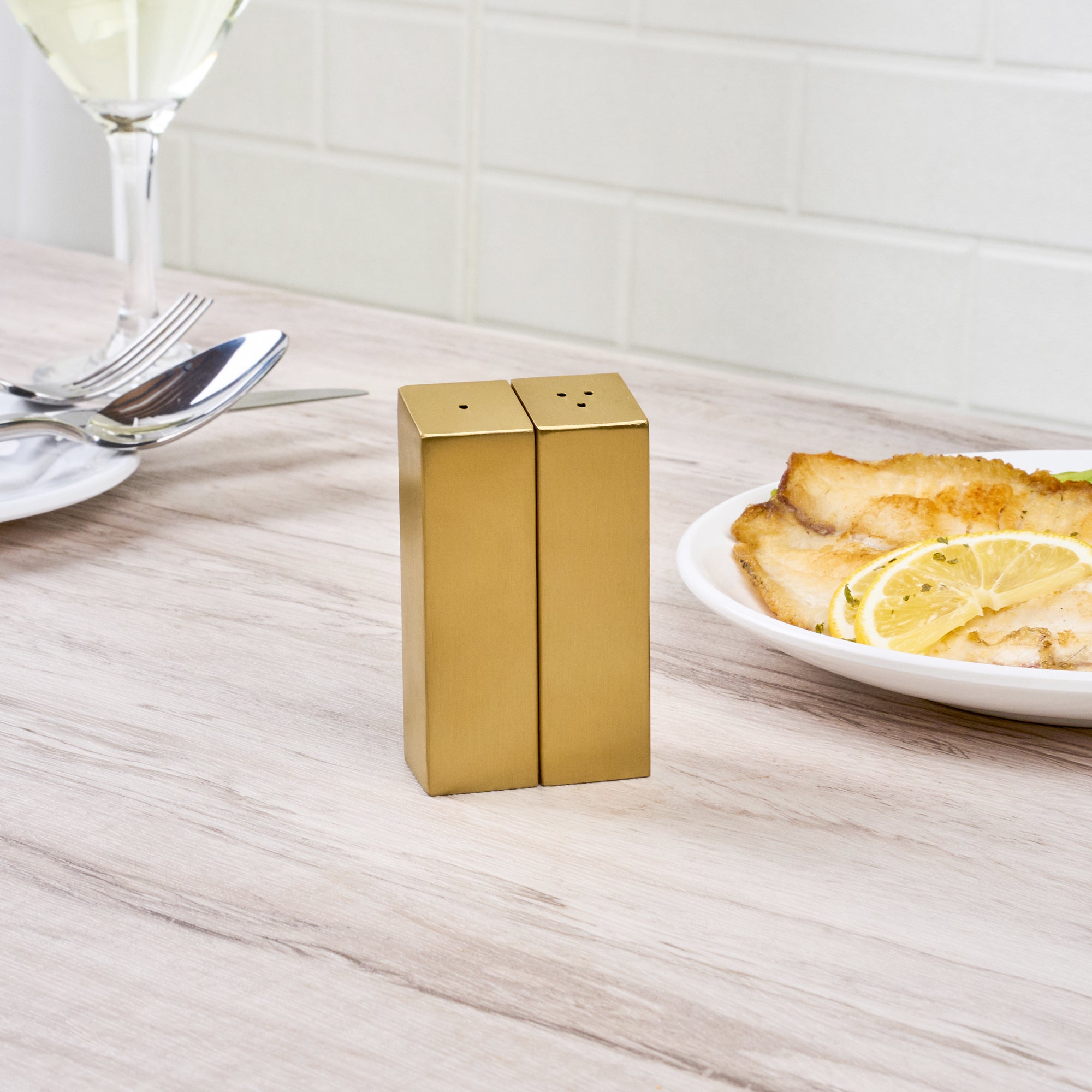 Chef 101 2 oz Gold Stainless Steel Rectangular Salt And Pepper Shaker Set - 1" x 1" x 3 1/4" - 1 count box