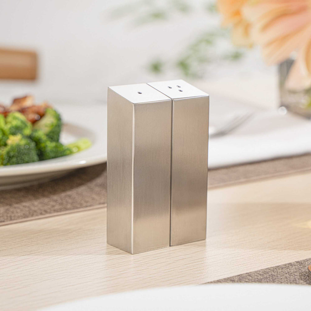 Chef 101 2 oz Silver Stainless Steel Rectangular Salt And Pepper Shaker Set - 1" x 1" x 3 1/4" - 1 count box