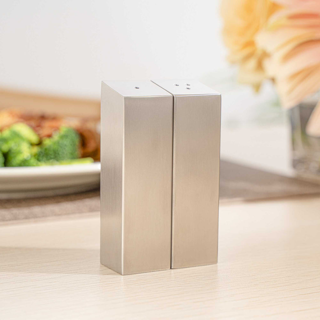 Chef 101 2 oz Silver Stainless Steel Rectangular Salt And Pepper Shaker Set - 1" x 1" x 3 1/4" - 1 count box