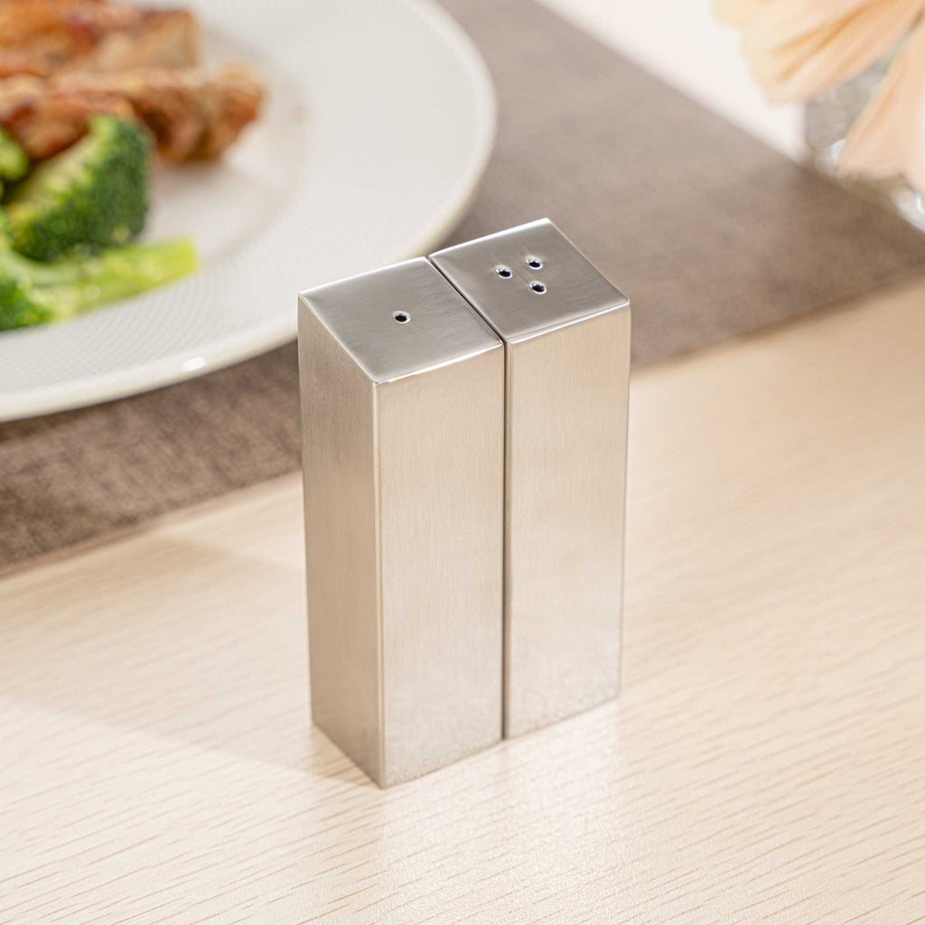 Chef 101 2 oz Silver Stainless Steel Rectangular Salt And Pepper Shaker Set - 1" x 1" x 3 1/4" - 1 count box