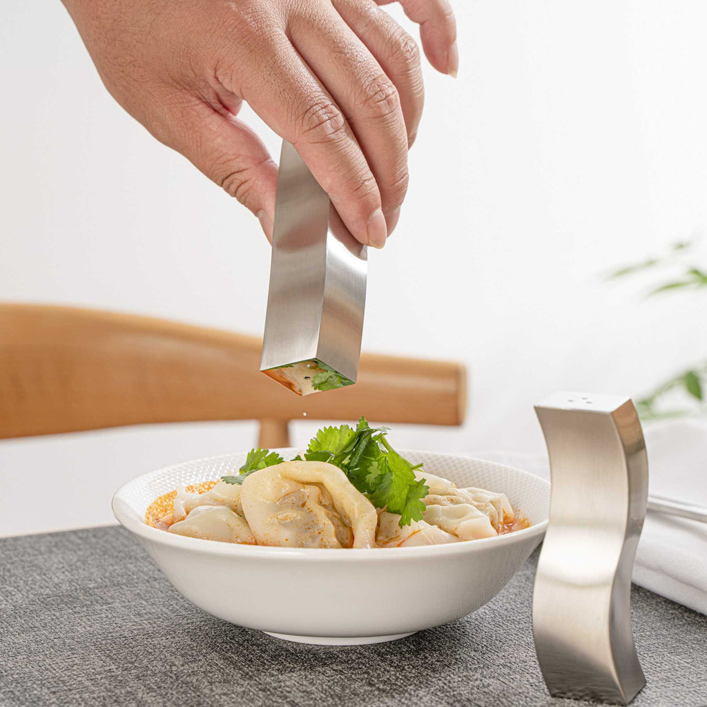 Chef 101 2 oz Silver Stainless Steel Wavy Salt And Pepper Shaker Set - 1" x 1" x 3 3/4" - 1 count box