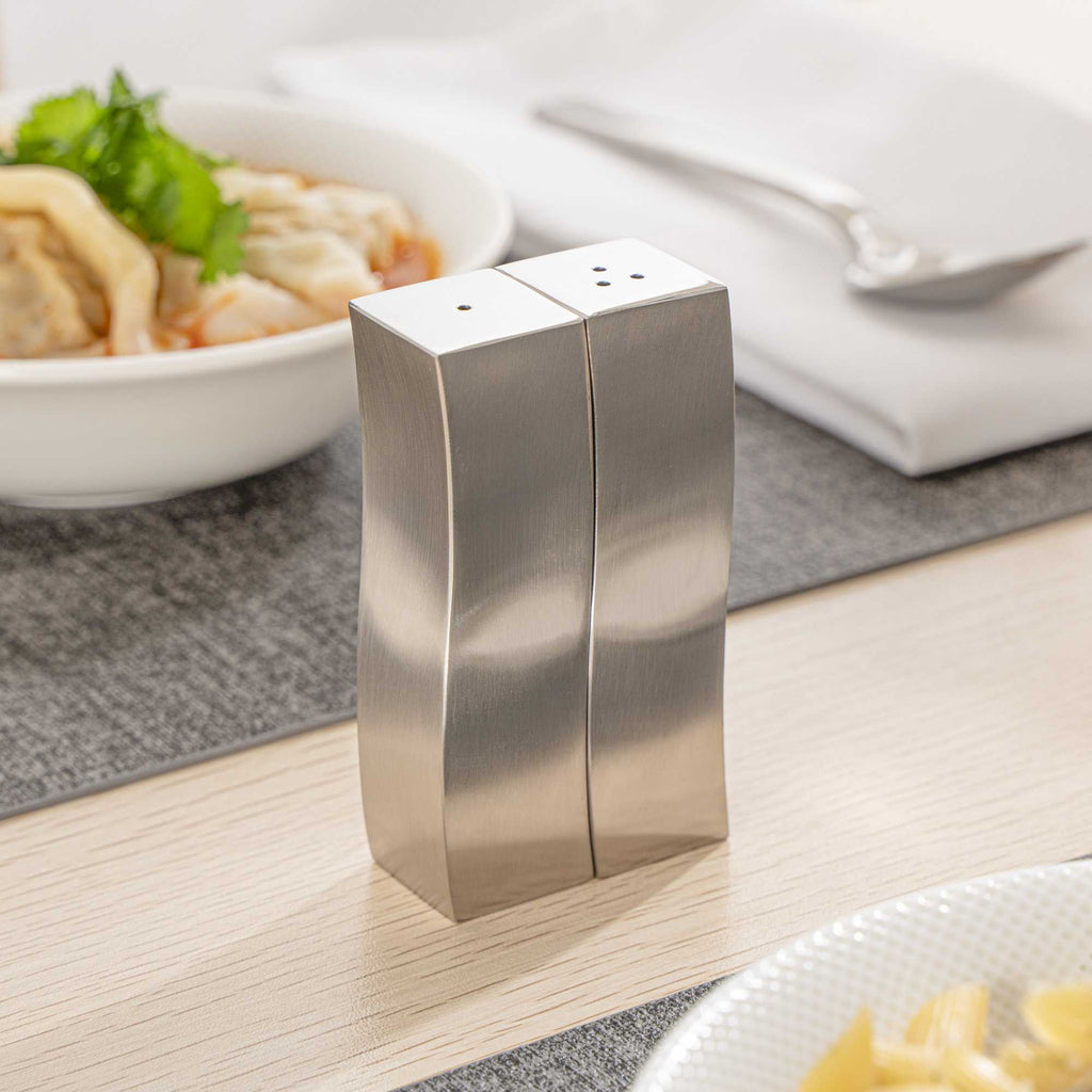 Chef 101 2 oz Silver Stainless Steel Wavy Salt And Pepper Shaker Set - 1" x 1" x 3 3/4" - 1 count box