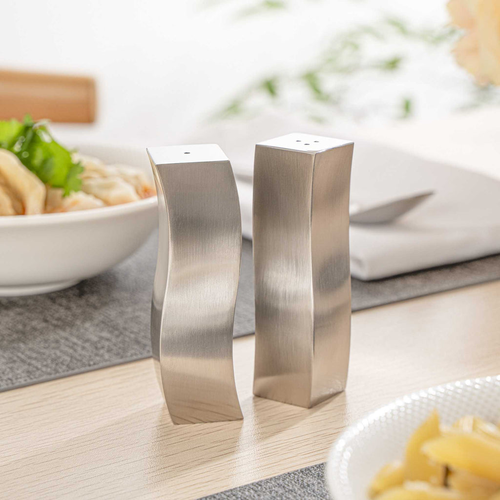 Chef 101 2 oz Silver Stainless Steel Wavy Salt And Pepper Shaker Set - 1" x 1" x 3 3/4" - 1 count box
