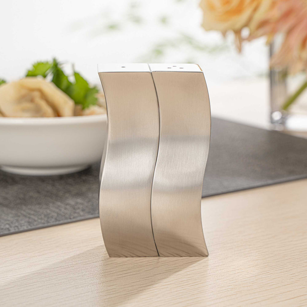 Chef 101 2 oz Silver Stainless Steel Wavy Salt And Pepper Shaker Set - 1" x 1" x 3 3/4" - 1 count box