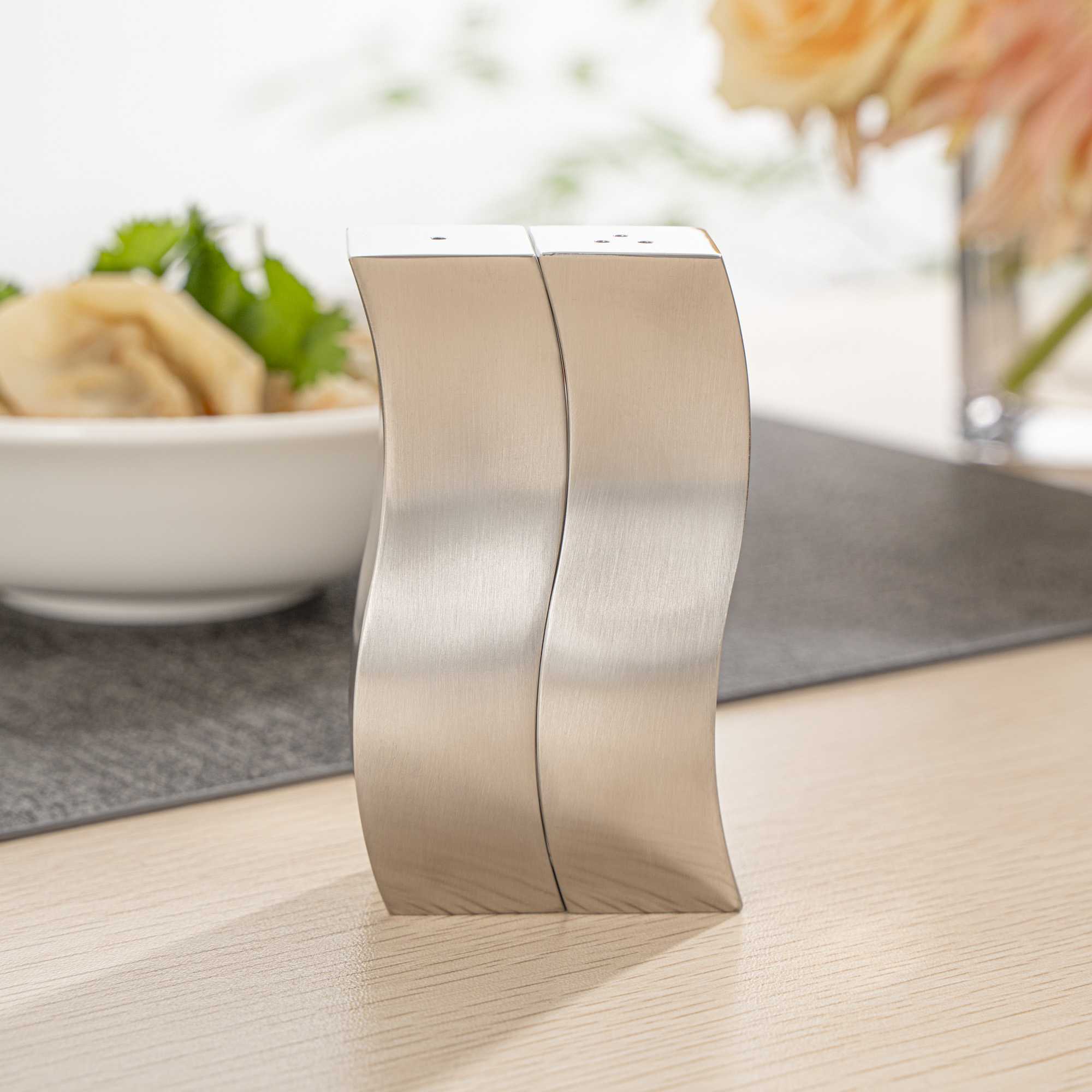 Chef 101 2 oz Silver Stainless Steel Wavy Salt And Pepper Shaker Set - 1" x 1" x 3 3/4" - 1 count box