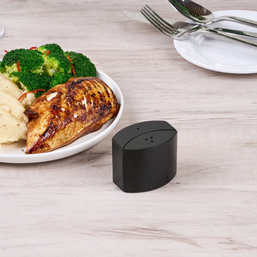 Chef 101 4 oz Black Stainless Steel Embracing Salt And Pepper Shaker Set - 2.3 oz/2.1 oz - 2 1/2" x 2" x 1 3/4" - 1 count box