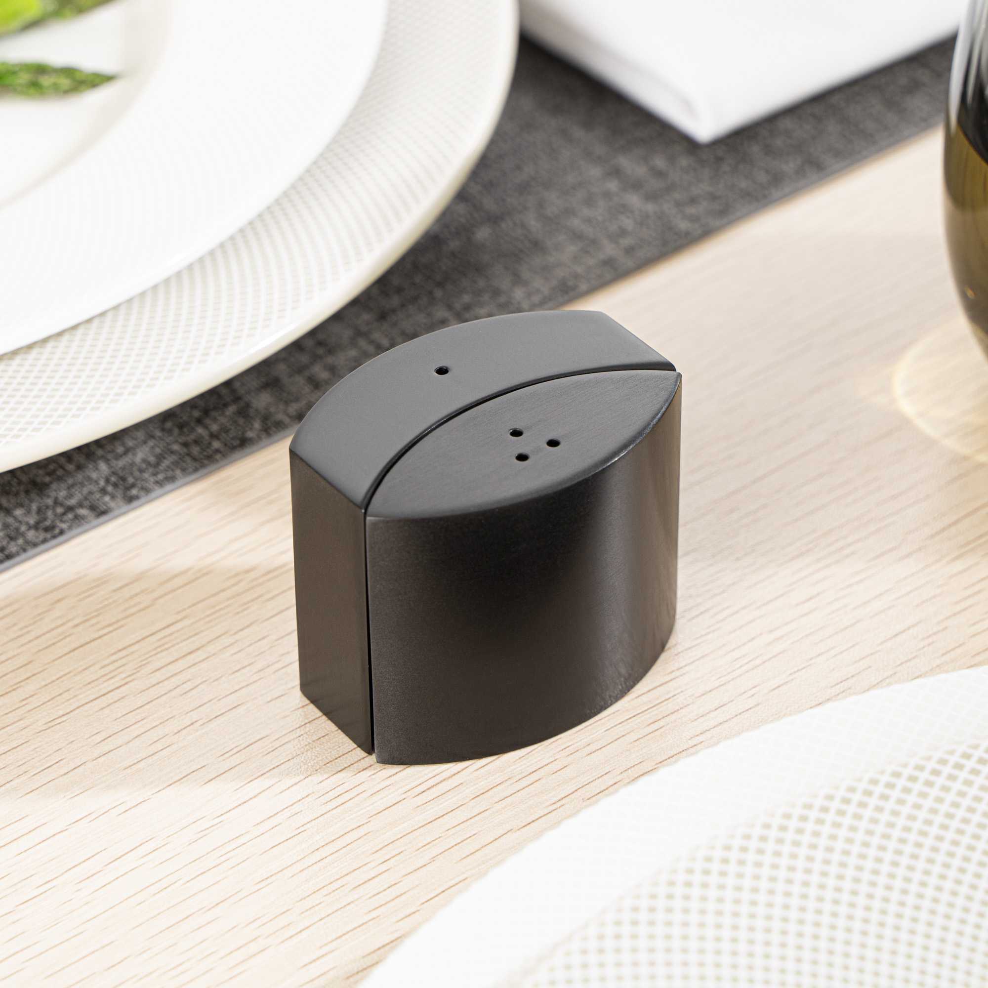 Chef 101 4 oz Black Stainless Steel Embracing Salt And Pepper Shaker Set - 2.3 oz/2.1 oz - 2 1/2" x 2" x 1 3/4" - 1 count box