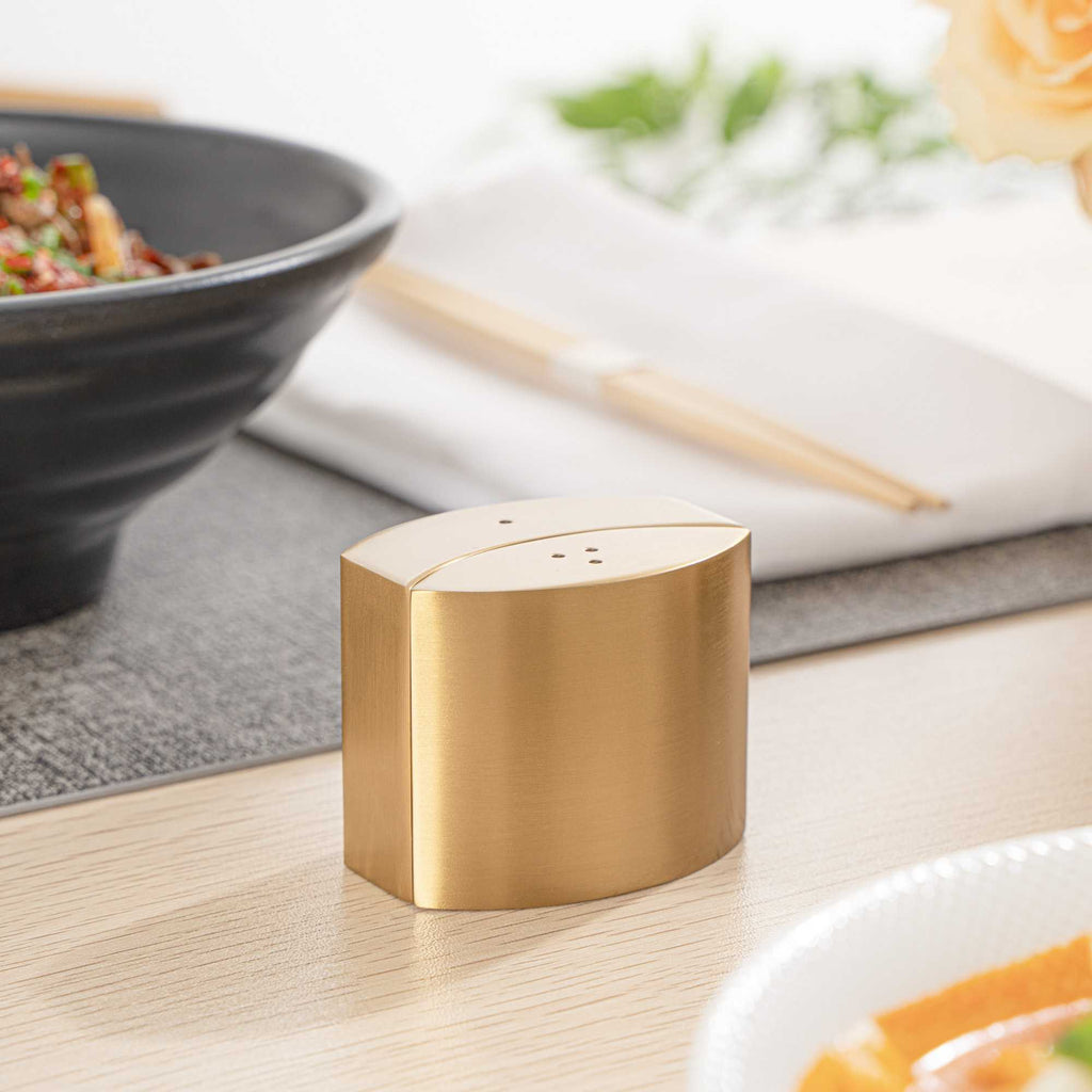 Chef 101 4 oz Gold Stainless Steel Embracing Salt And Pepper Shaker Set - 2.3 oz/2.1 oz - 2 1/2" x 2" x 1 3/4" - 1 count box