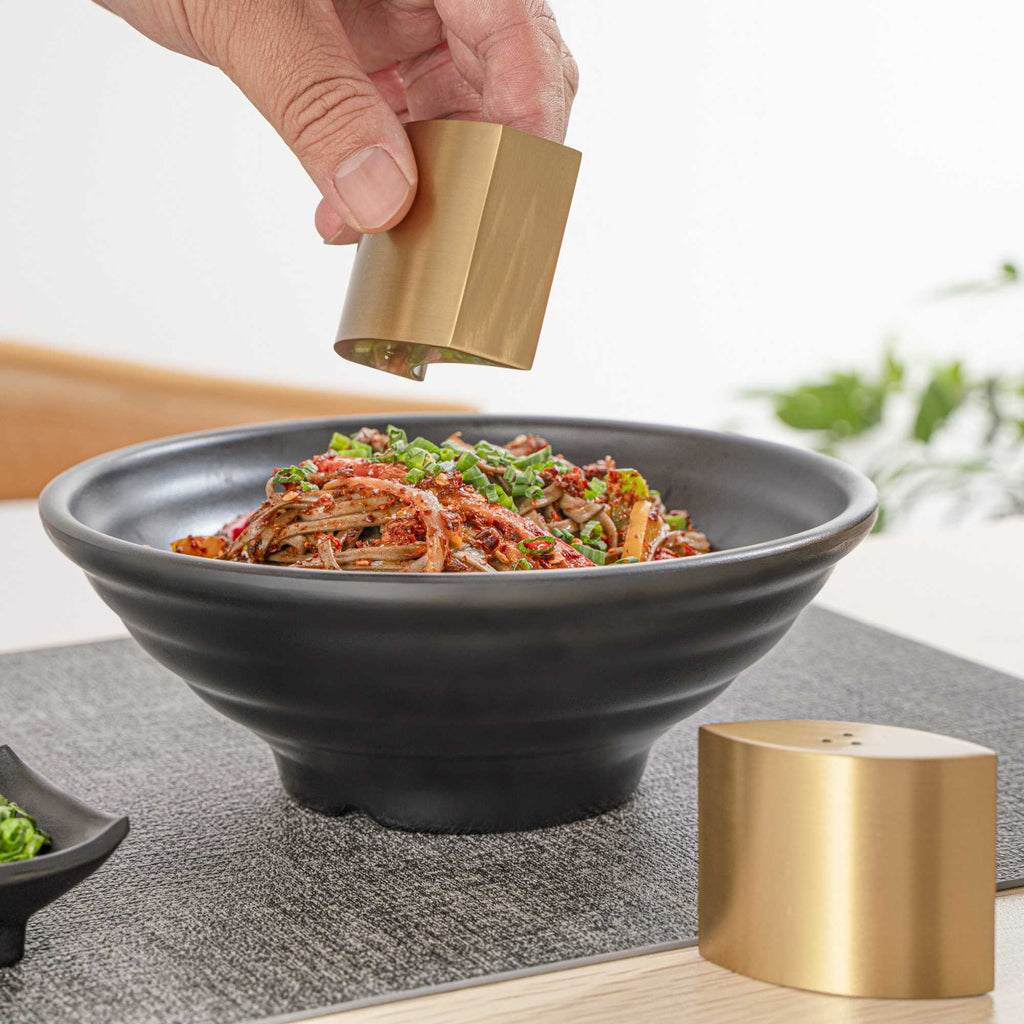Chef 101 4 oz Gold Stainless Steel Embracing Salt And Pepper Shaker Set - 2.3 oz/2.1 oz - 2 1/2" x 2" x 1 3/4" - 1 count box
