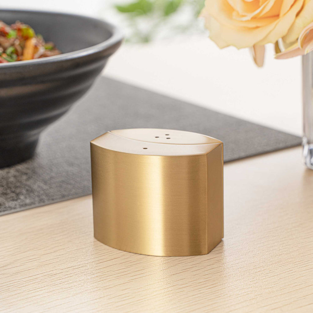 Chef 101 4 oz Gold Stainless Steel Embracing Salt And Pepper Shaker Set - 2.3 oz/2.1 oz - 2 1/2" x 2" x 1 3/4" - 1 count box