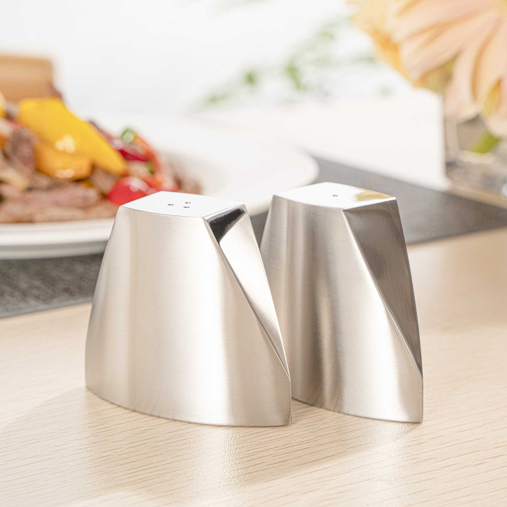 Chef 101 3 oz Silver Stainless Steel Wedge Salt And Pepper Shaker Set - 3 1/4" x 1" x 2 3/4"