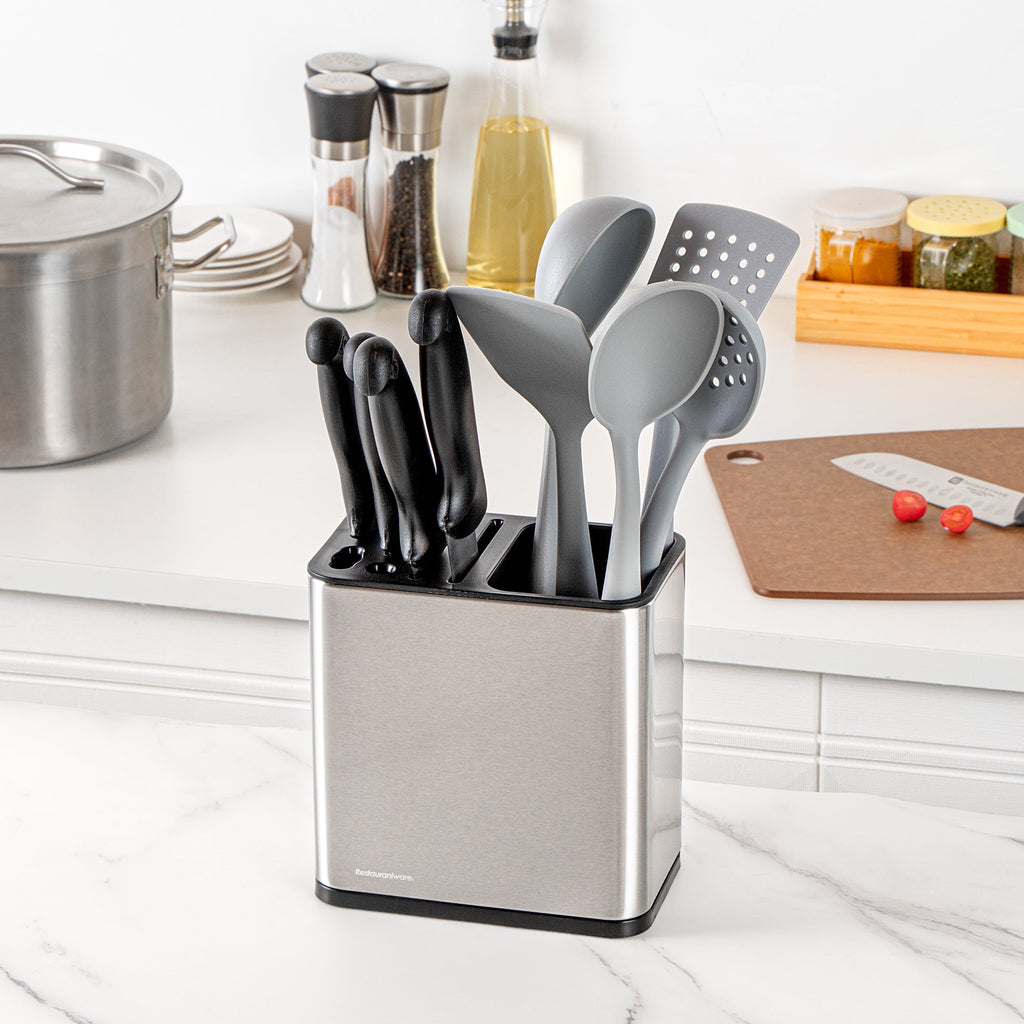 Met Lux Stainless Steel Knife and Utensil Holder - with Drip Tray - 7 3/4" x 4 3/4" x 7 3/4" - 1 count box