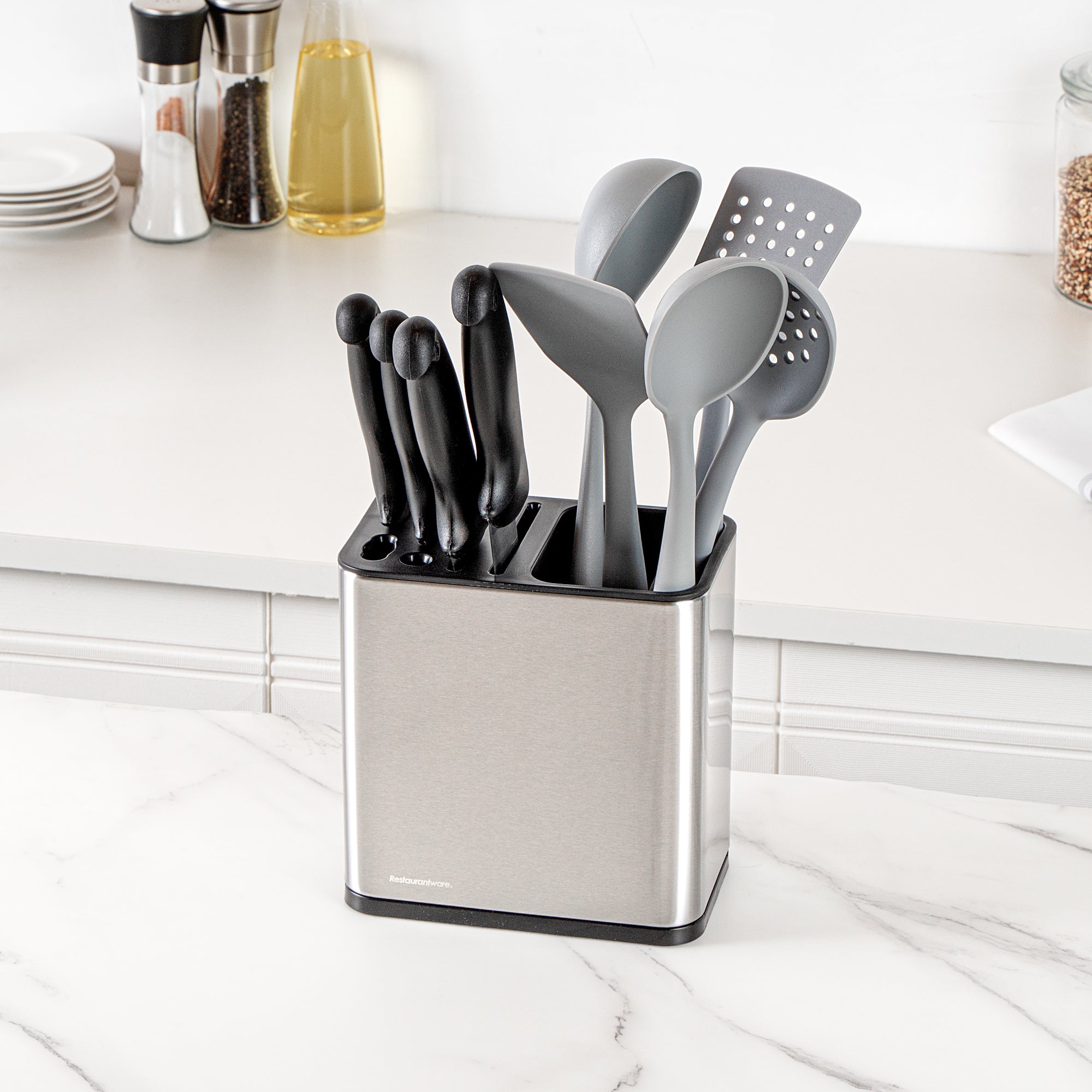 Met Lux Stainless Steel Knife and Utensil Holder - with Drip Tray - 7 3/4" x 4 3/4" x 7 3/4" - 1 count box