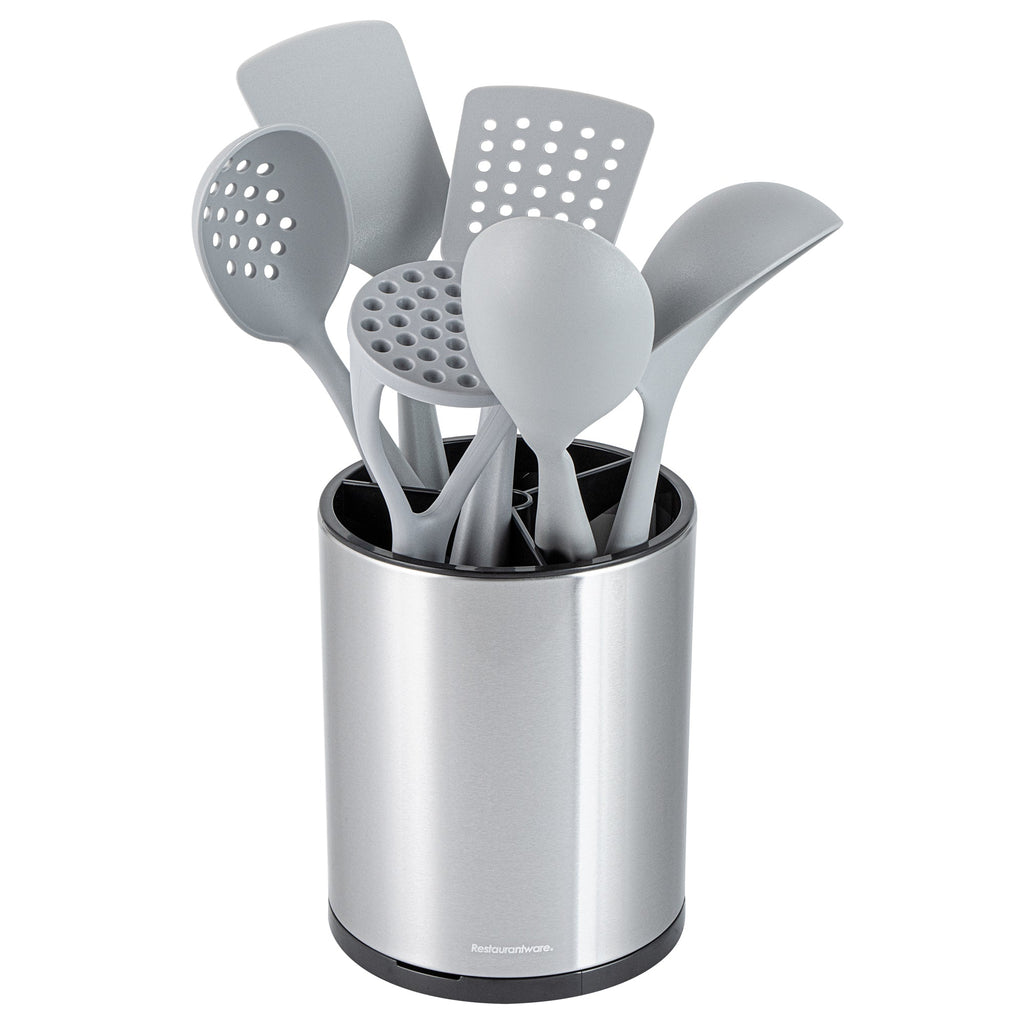 Met Lux Stainless Steel Utensil Holder - 3 Compartments, Rotating, with Drip Tray - 6 1/4" x 6 1/4" x 8" - 1 count box