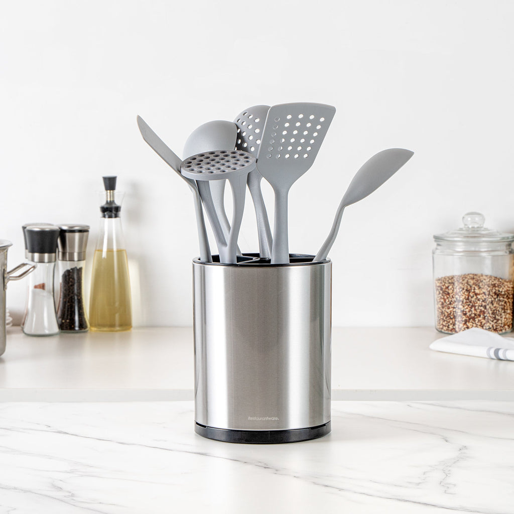 Met Lux Stainless Steel Utensil Holder - 3 Compartments, Rotating, with Drip Tray - 6 1/4" x 6 1/4" x 8" - 1 count box