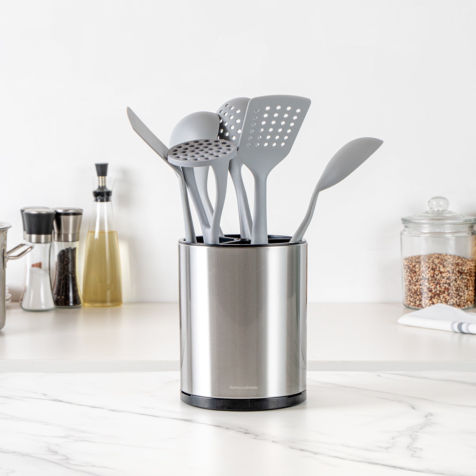 Met Lux Stainless Steel Utensil Holder - 3 Compartments, Rotating, with Drip Tray - 6 1/4" x 6 1/4" x 8" - 1 count box