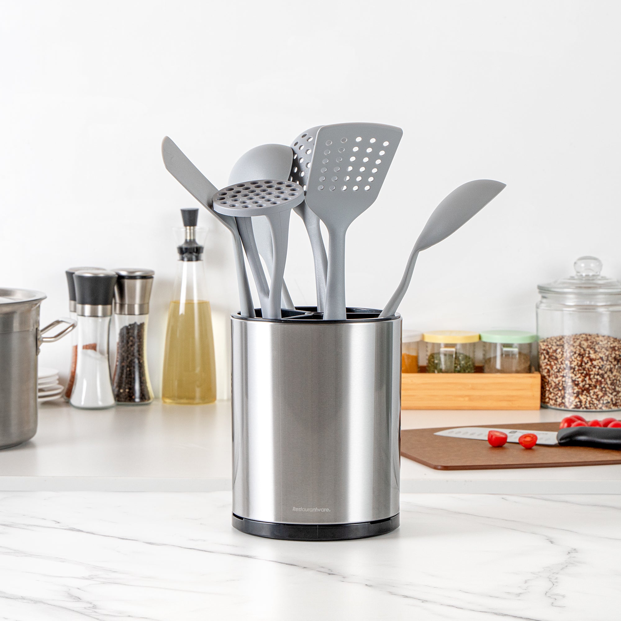 Met Lux Stainless Steel Utensil Holder - 3 Compartments, Rotating, with Drip Tray - 6 1/4" x 6 1/4" x 8" - 1 count box