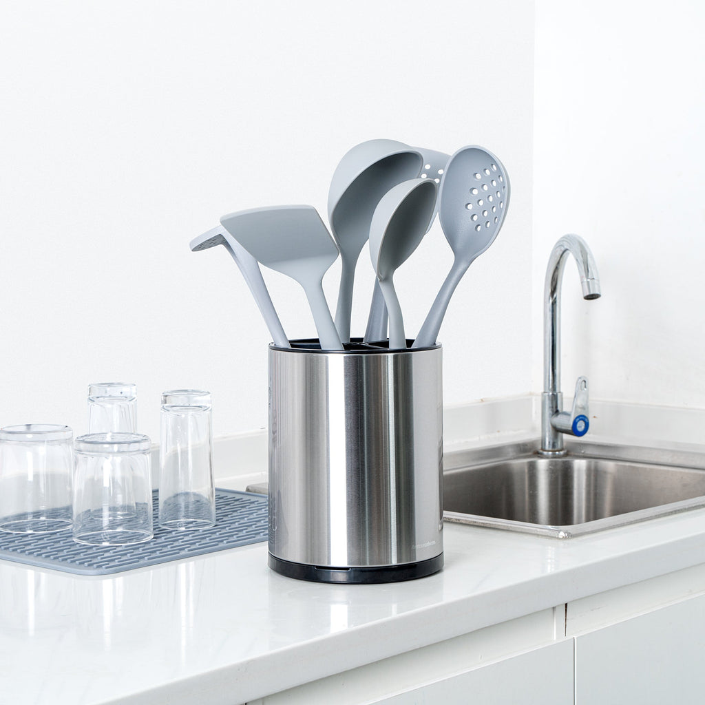 Met Lux Stainless Steel Utensil Holder - 3 Compartments, Rotating, with Drip Tray - 6 1/4" x 6 1/4" x 8" - 1 count box