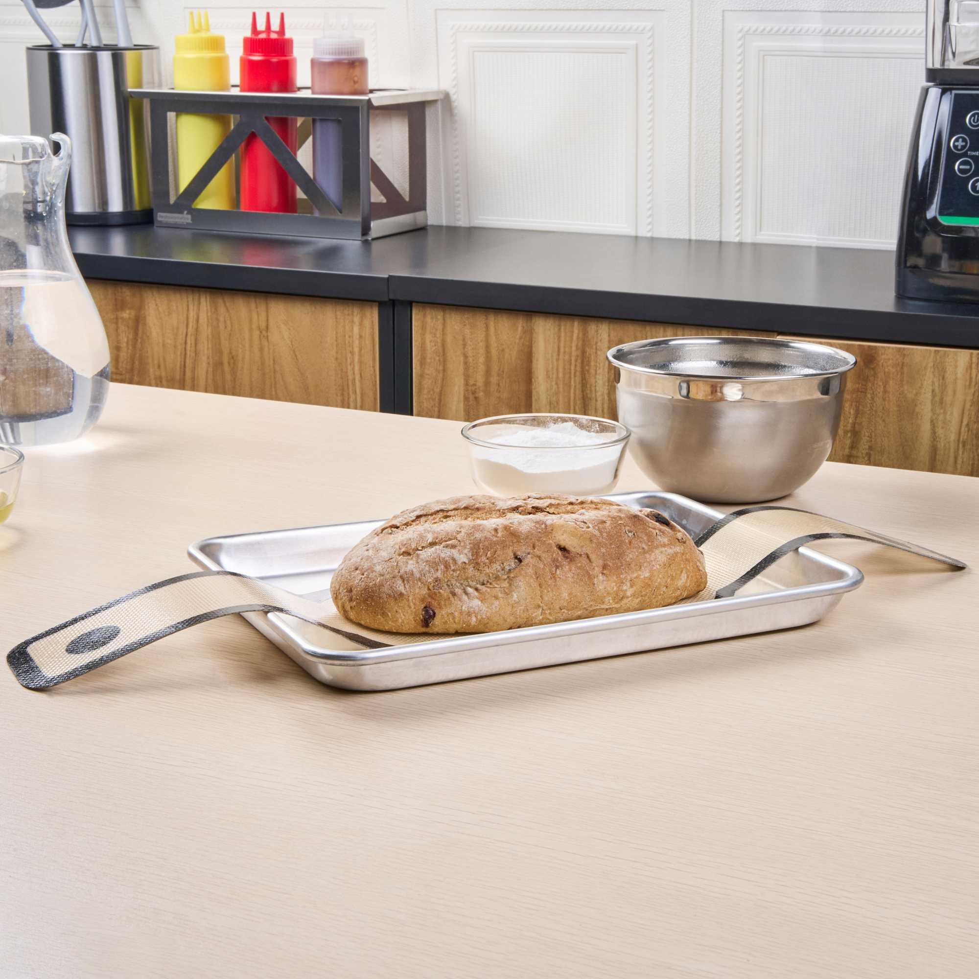 Pastry Tek Oval Tan and Black Fiberglass Bread Sling - For Dutch Oven, with Long Handles - 23 1/2" x 6" - 1 count box