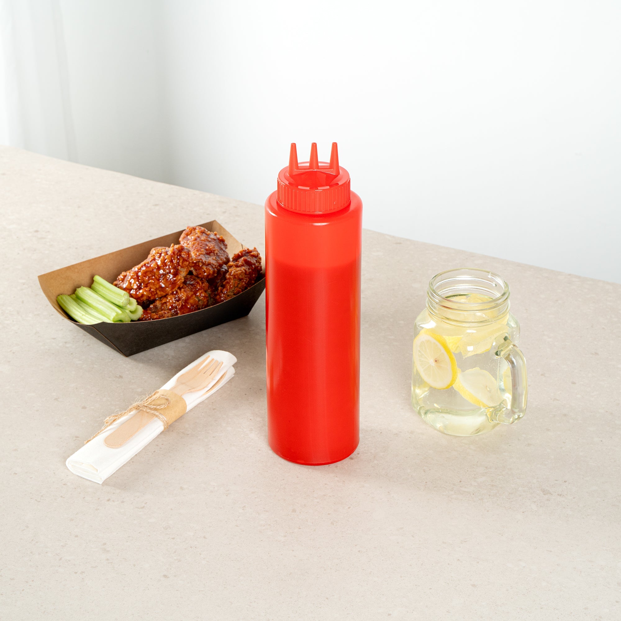 Sauce Tek 32 oz Red Plastic Ketchup Squeeze Bottle - with Triple Dispersion Tip - 6 count box