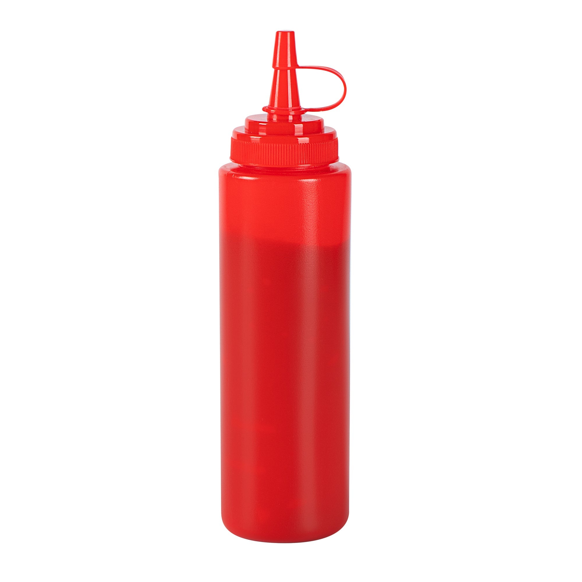 Sauce Tek 8 oz Red Plastic Squeeze Bottle - with Cap, Wide Mouth - 2" x 2" x 7 1/4" - 1 count box