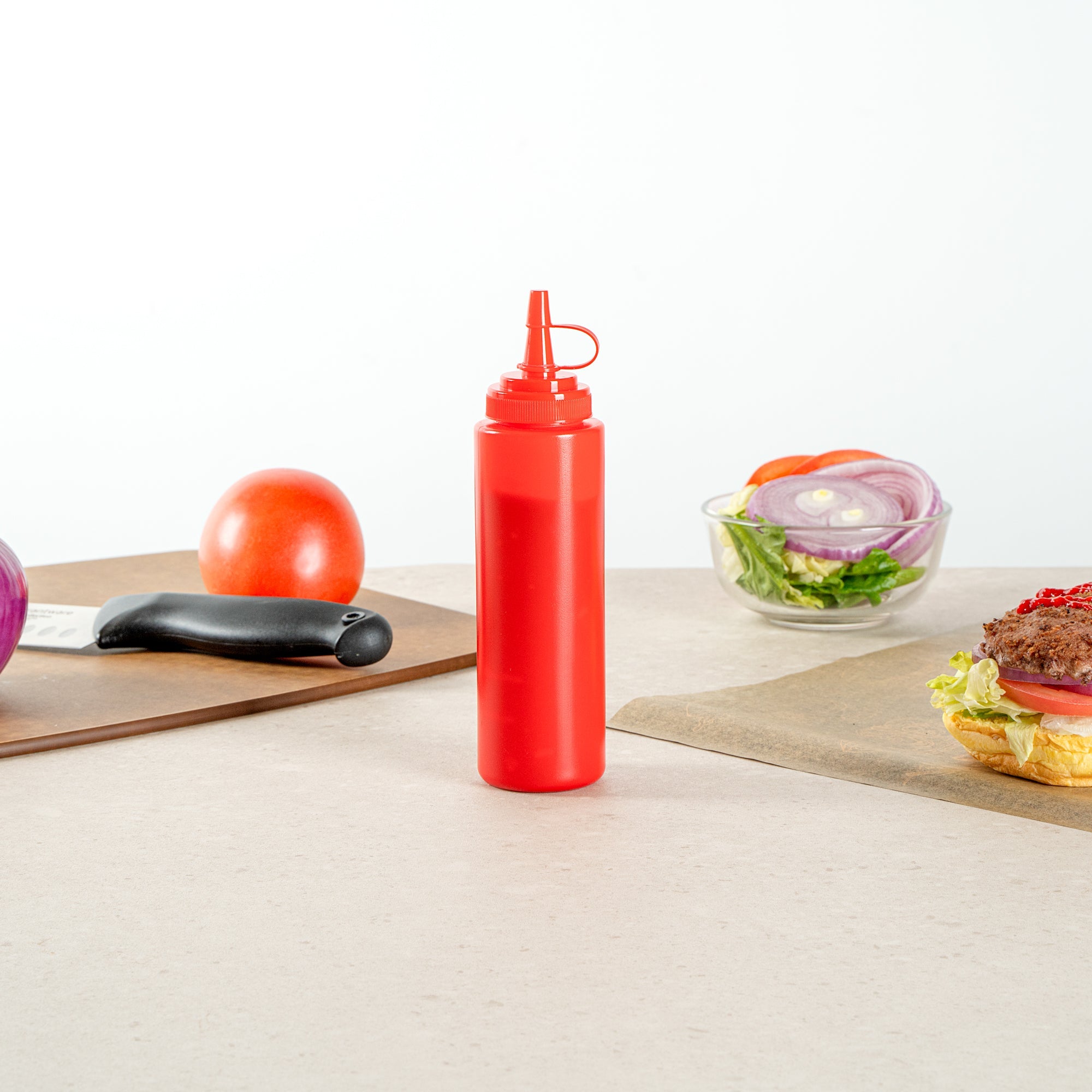 Sauce Tek 8 oz Red Plastic Squeeze Bottle - with Cap, Wide Mouth - 2" x 2" x 7 1/4" - 1 count box