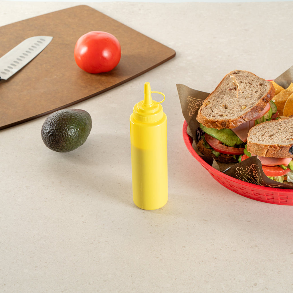 Sauce Tek 8 oz Yellow Plastic Squeeze Bottle - with Cap, Wide Mouth - 2" x 2" x 7 1/4" - 1 count box