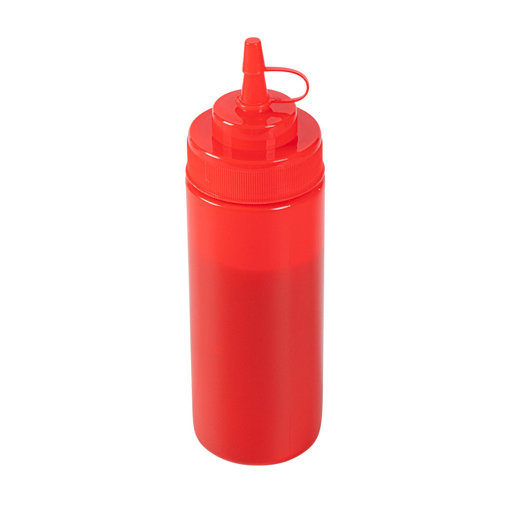 Sauce Tek 12 oz Red Plastic Squeeze Bottle - with Cap, Wide Mouth - 2 1/4" x 2 1/4" x 7 3/4" - 1 count box