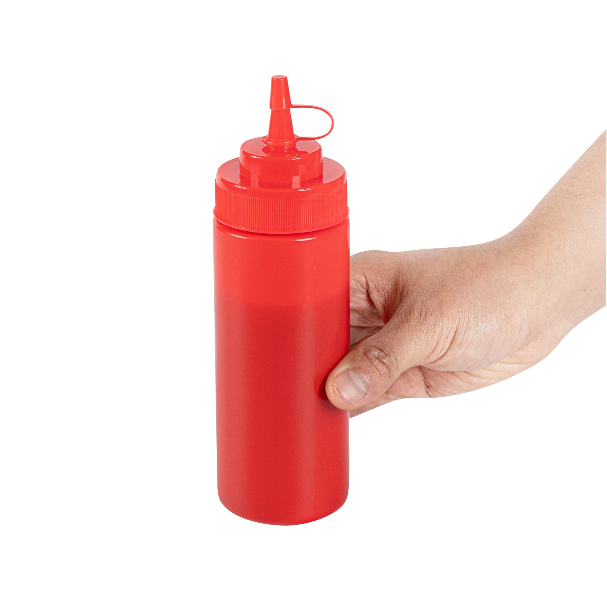 Sauce Tek 12 oz Red Plastic Squeeze Bottle - with Cap, Wide Mouth - 2 1/4" x 2 1/4" x 7 3/4" - 1 count box