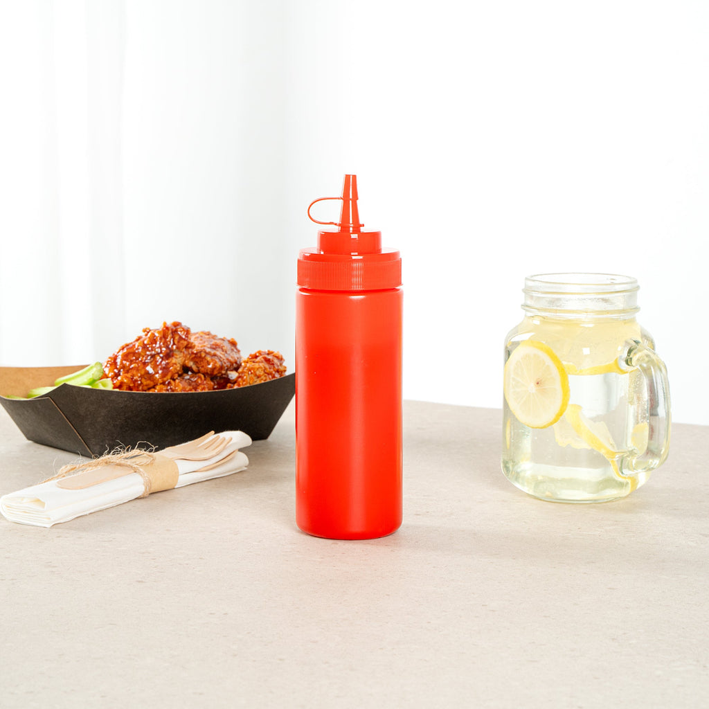 Sauce Tek 12 oz Red Plastic Squeeze Bottle - with Cap, Wide Mouth - 2 1/4" x 2 1/4" x 7 3/4" - 1 count box