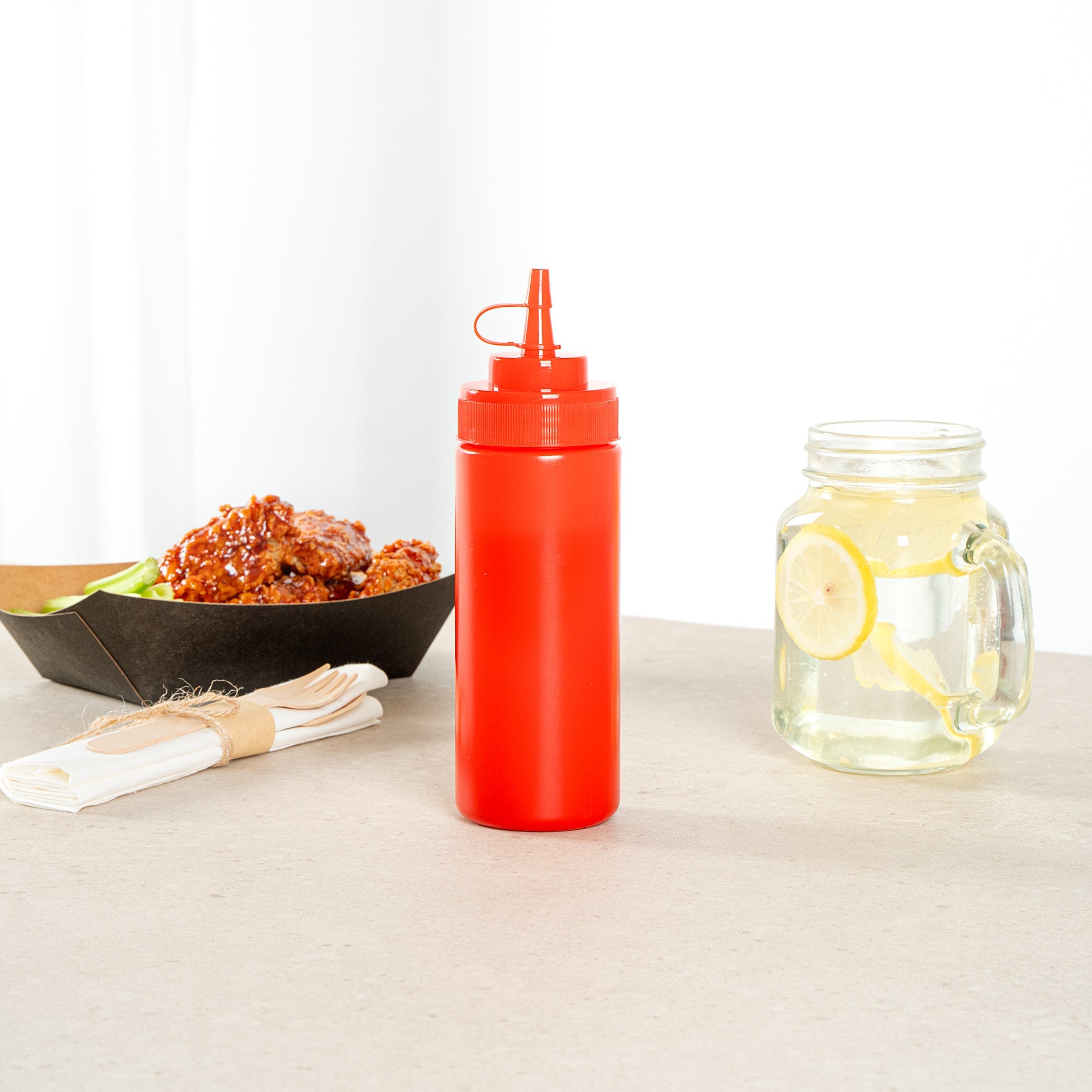 Sauce Tek 12 oz Red Plastic Squeeze Bottle - with Cap, Wide Mouth - 2 1/4" x 2 1/4" x 7 3/4" - 1 count box