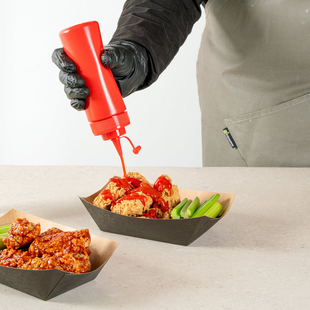Sauce Tek 12 oz Red Plastic Squeeze Bottle - with Cap, Wide Mouth - 2 1/4" x 2 1/4" x 7 3/4" - 1 count box