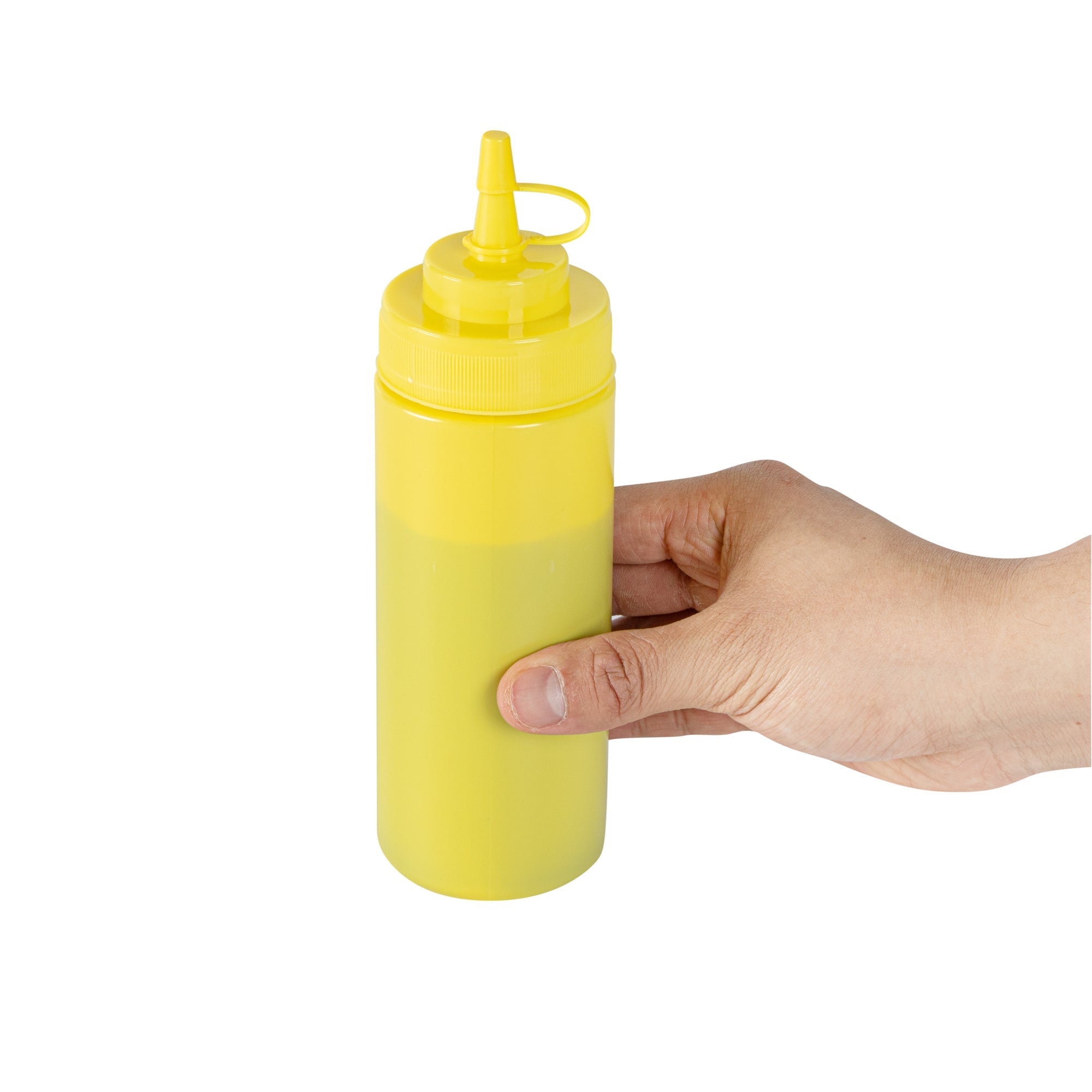 Sauce Tek 12 oz Yellow Plastic Squeeze Bottle - with Cap, Wide Mouth - 2 1/4" x 2 1/4" x 7 3/4" - 1 count box