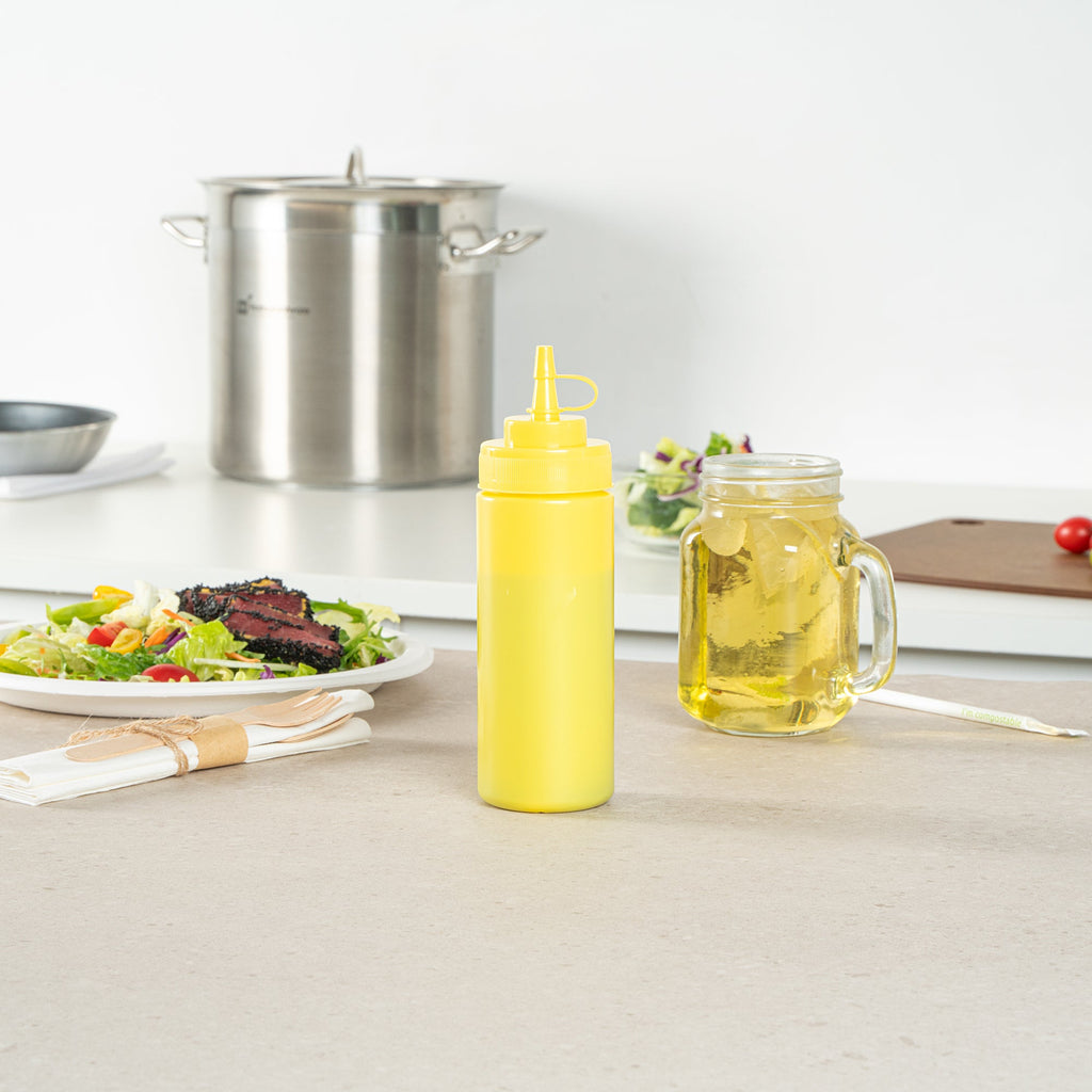 Sauce Tek 12 oz Yellow Plastic Squeeze Bottle - with Cap, Wide Mouth - 2 1/4" x 2 1/4" x 7 3/4" - 1 count box