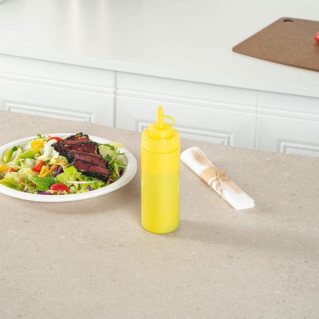 Sauce Tek 12 oz Yellow Plastic Squeeze Bottle - with Cap, Wide Mouth - 2 1/4" x 2 1/4" x 7 3/4" - 1 count box