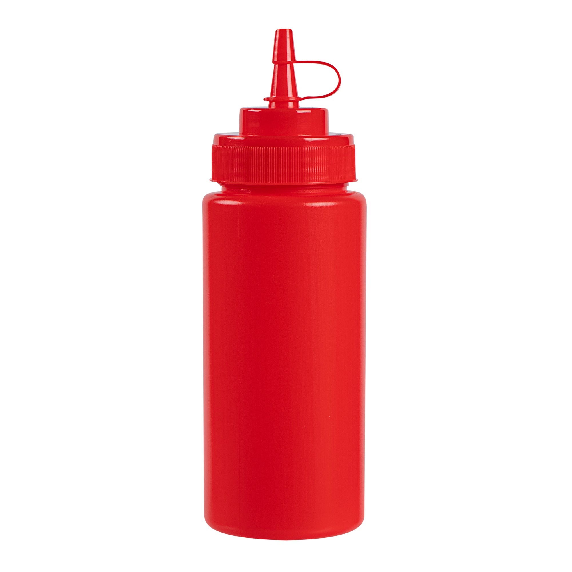 Sauce Tek 16 oz Red Plastic Squeeze Bottle - with Cap, Wide Mouth - 2 1/2" x 2 1/2" x 7 3/4" - 1 count box