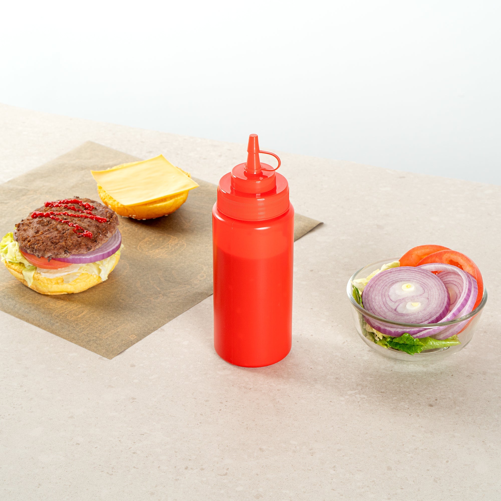 Sauce Tek 16 oz Red Plastic Squeeze Bottle - with Cap, Wide Mouth - 2 1/2" x 2 1/2" x 7 3/4" - 1 count box