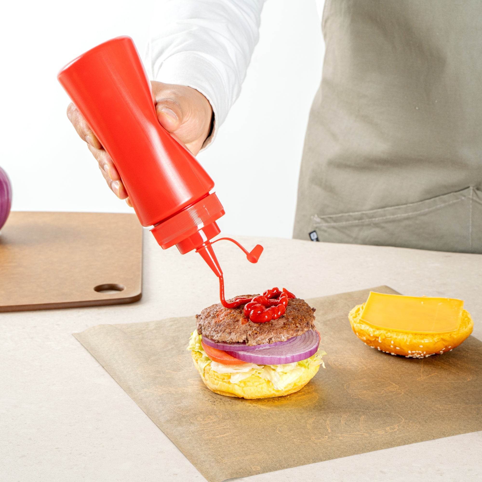 Sauce Tek 16 oz Red Plastic Squeeze Bottle - with Cap, Wide Mouth - 2 1/2" x 2 1/2" x 7 3/4" - 1 count box
