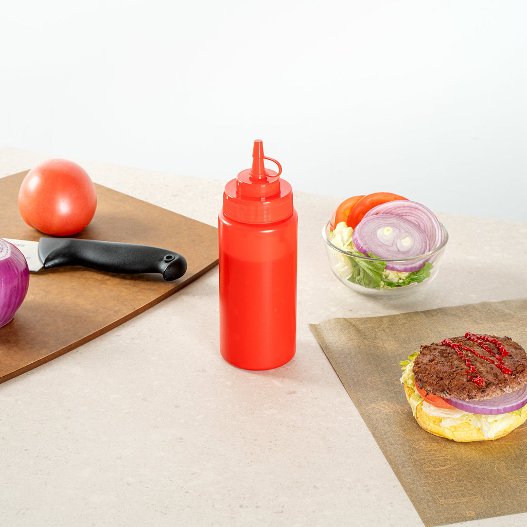 Sauce Tek 16 oz Red Plastic Squeeze Bottle - with Cap, Wide Mouth - 2 1/2" x 2 1/2" x 7 3/4" - 1 count box